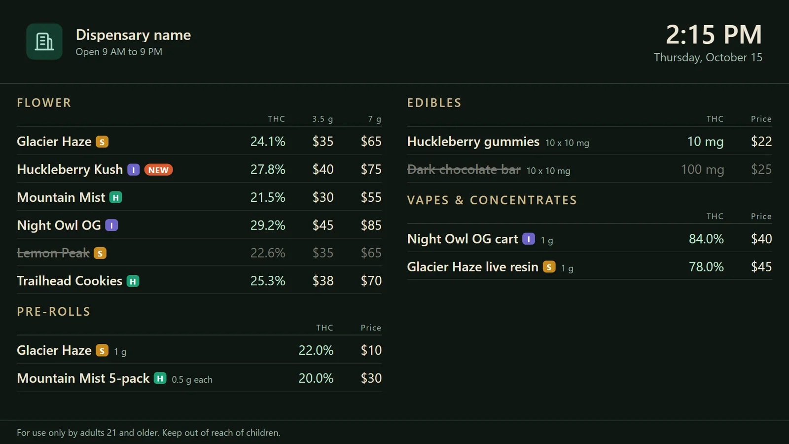 A real dispensary menu on a demo display: flower with strain type, THC and prices by weight in one column, pre-rolls, edibles and vapes in the other, a New badge, one product crossed out as sold out, and a warning line along the bottom.