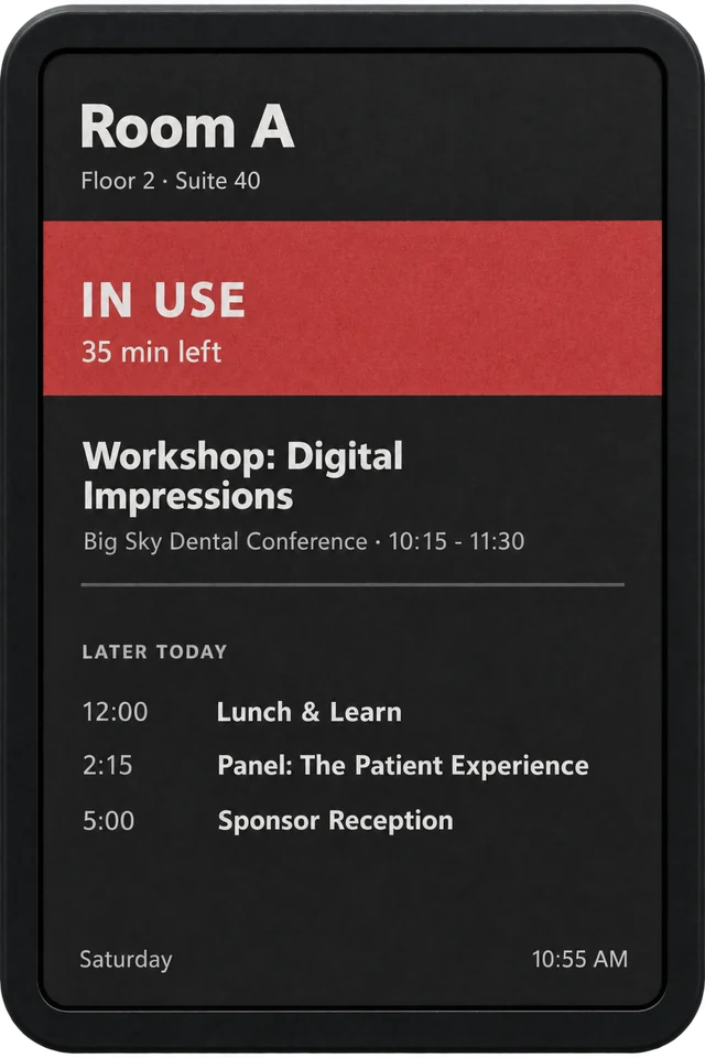 Design preview of a meeting room door sign: Room A on floor 2, a red band saying in use with 35 minutes left, the current workshop, and the rest of today's sessions.