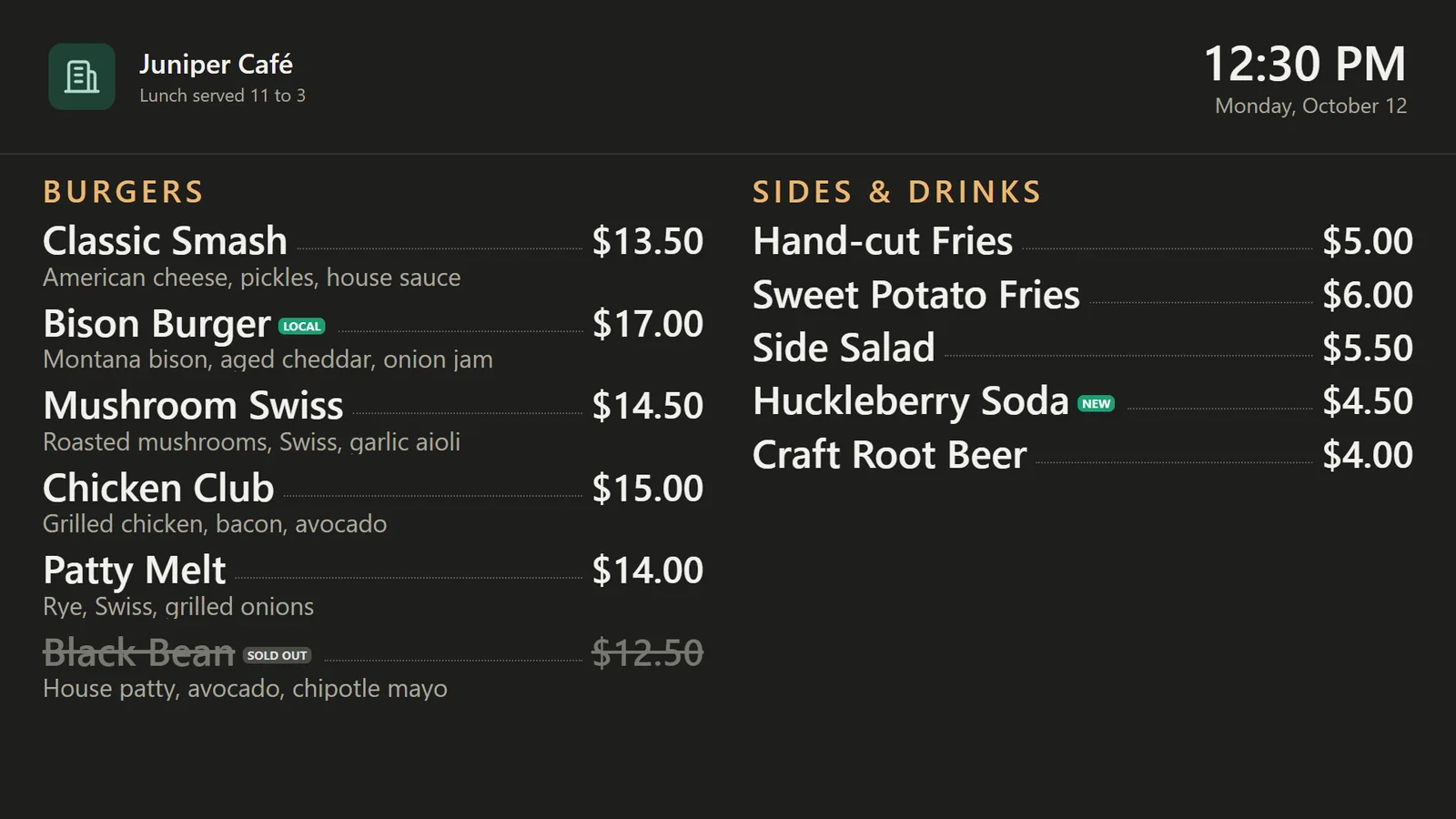 A real menu board on a demo café display: burgers in one column with descriptions and prices, one item crossed out as sold out and one marked Local, sides and drinks in the second column with a New badge.