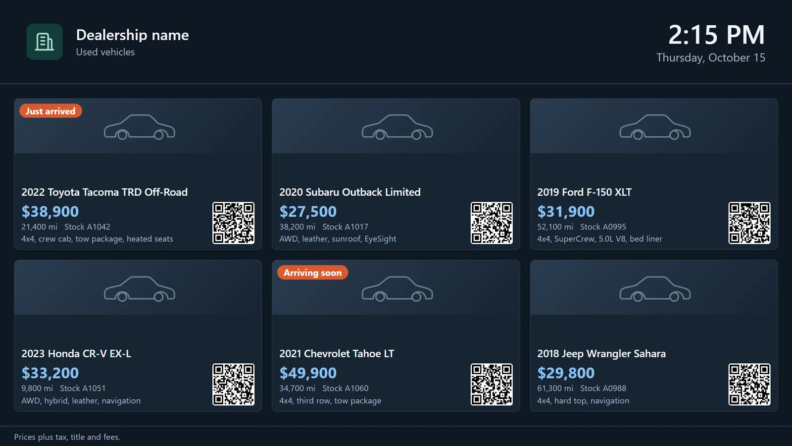 A real showroom inventory board on a demo display: six used vehicles as cards with price, mileage, stock number, key features and a QR code to each listing, one marked Just arrived and one Arriving soon, with a price note along the bottom.