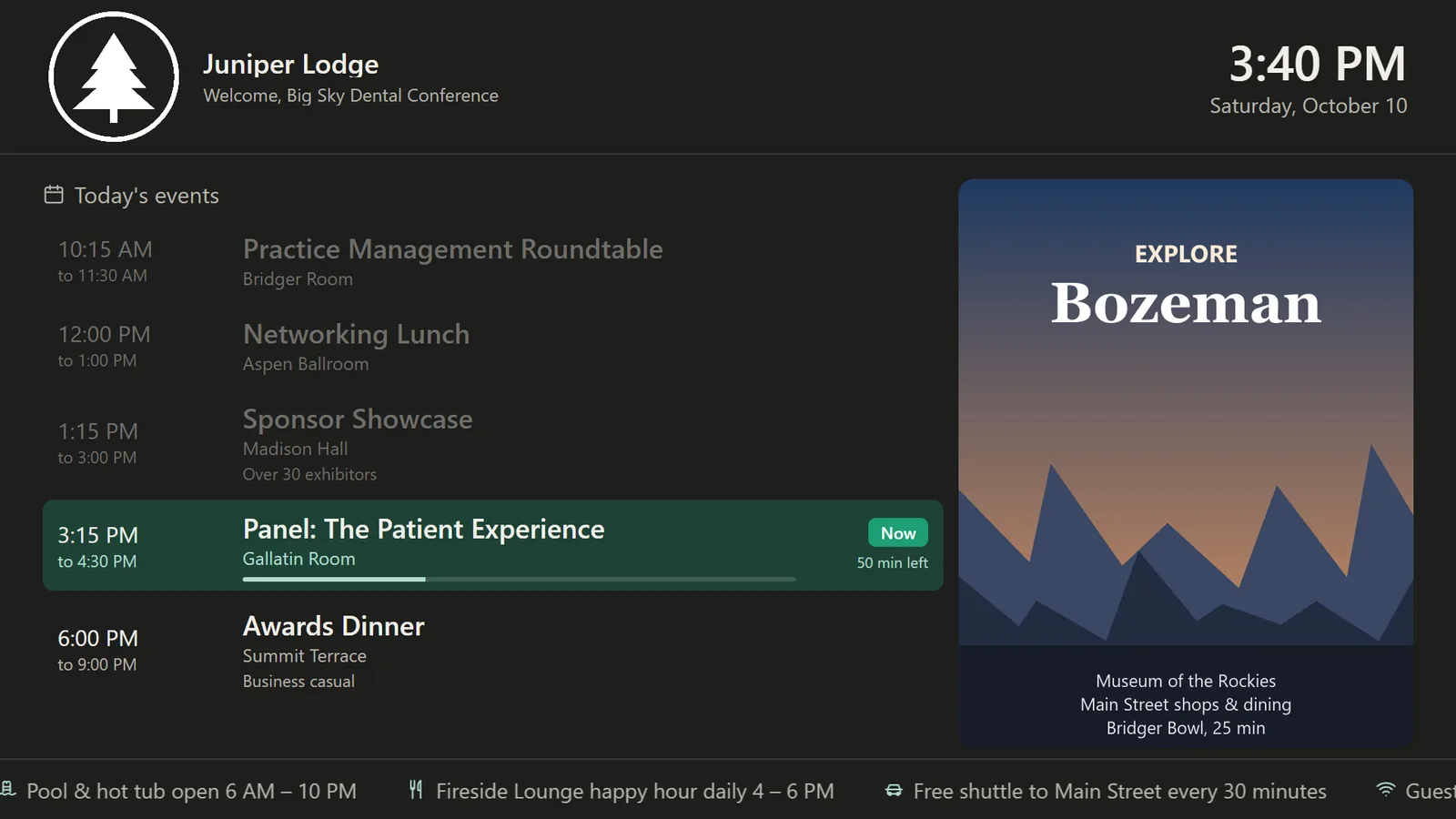 A hotel elevator display: the conference welcome, tonight's awards dinner, weather and time, an Explore Bozeman picture with local tips, and a ticker with pool hours, happy hour and the shuttle.